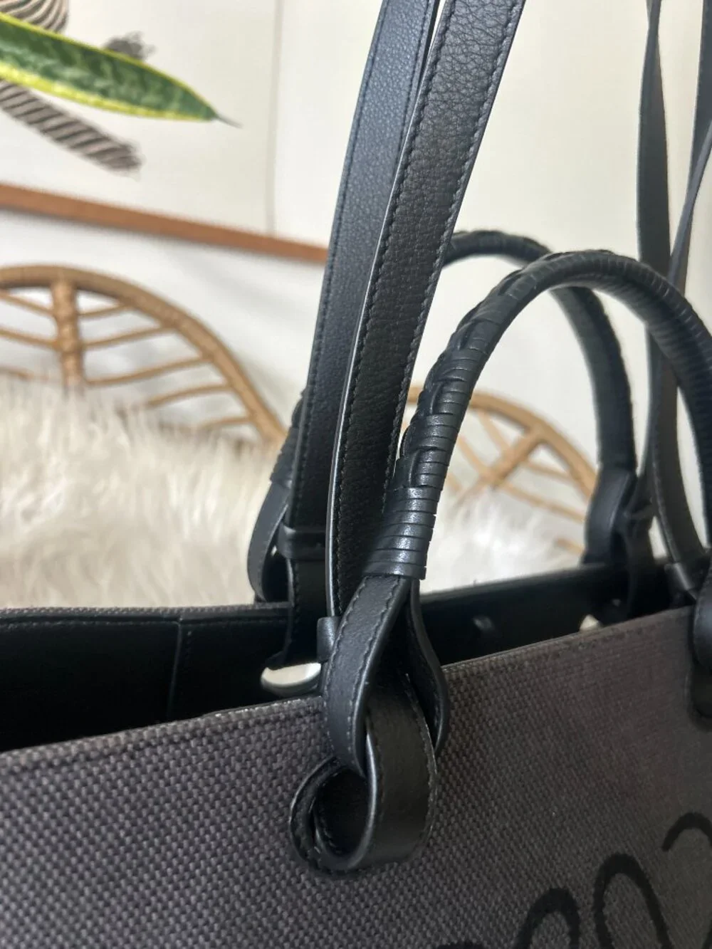 Loewe Anagram Tote in Leather & Canvas Black & Gray-Laptop, Travel, Work